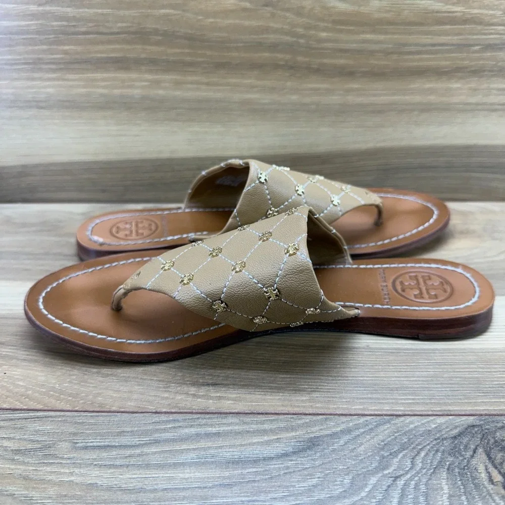 Tory Burch Quilted Mini Studded Sandals 7 M Camel Leather Vacation Travel Preppy
